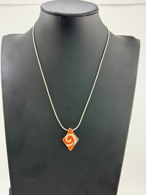 Vintage 925 Sterling Affinity Diamond 1/8ct tw Orange Enamel Pendant Necklace